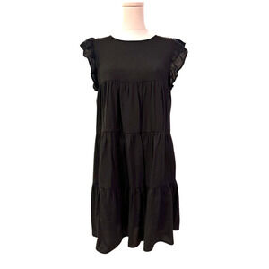 After Market Black Tiered Ruffle Sleeve Mini Dress Keyhole Back Medium Boho